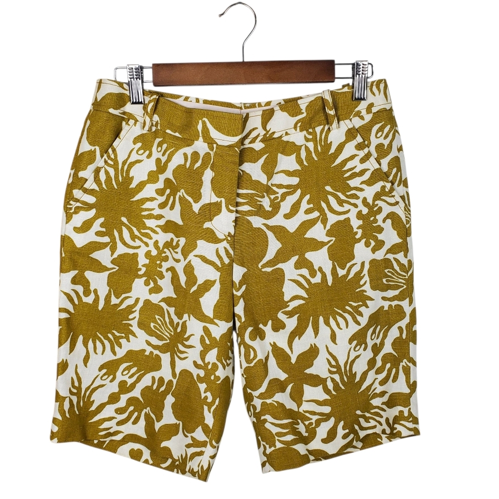 J. CREW City Fit Linen Shorts Size 6 Mustard Yellow Floral Print